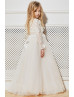 Long Sleeves Ivory Lace Tulle Pearls Floor Length Flower Girl Dress